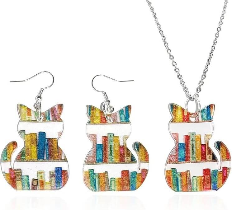 Book Themed Cat Necklace & Earrings