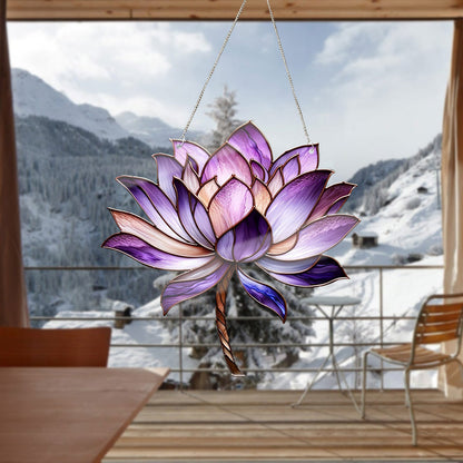 Handcrafted purple lotus acrylic decor hanging in a window