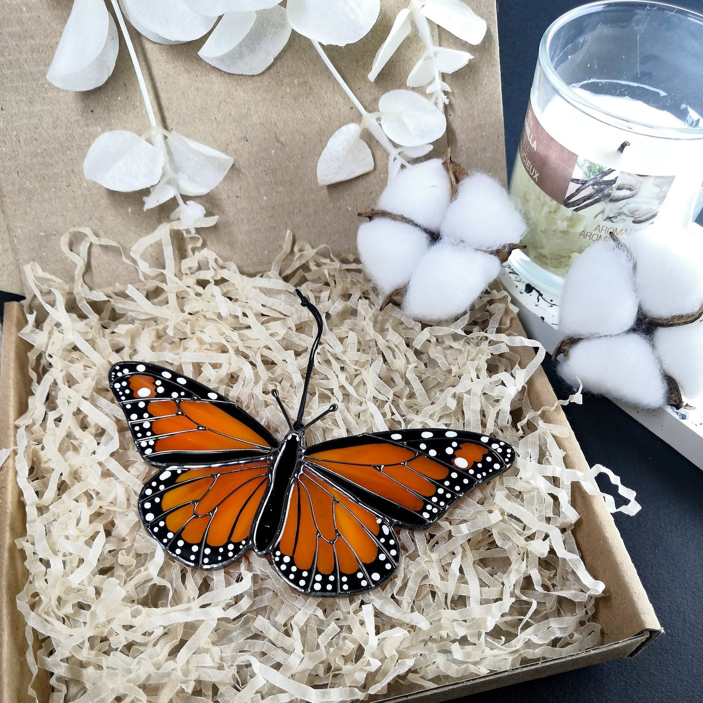 Handcrafted monarch butterfly suncatcher with vibrant stained glass