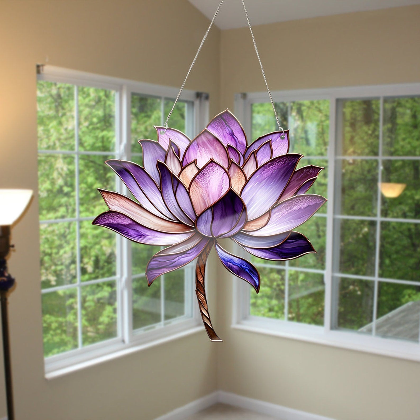 Close-up of purple lotus suncatcher reflecting light