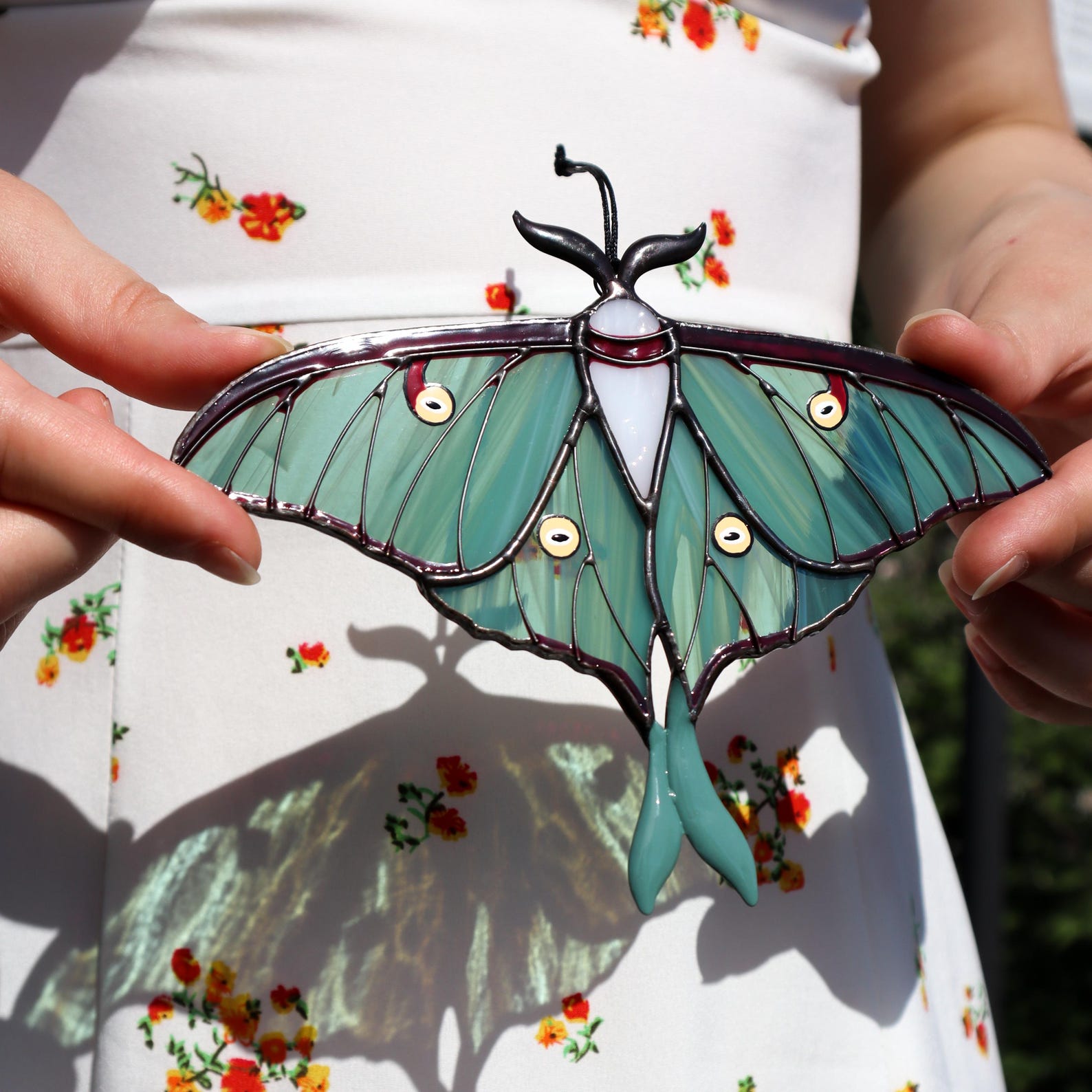 Handcrafted Luna Moth Butterfly Suncatcher in stained glass